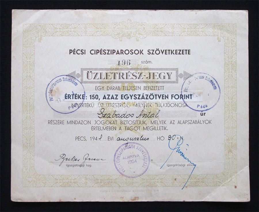 P�csi Cip�sziparosok Sz�vetkezete �zletr�sz-jegy 150 forint 1947 P�cs